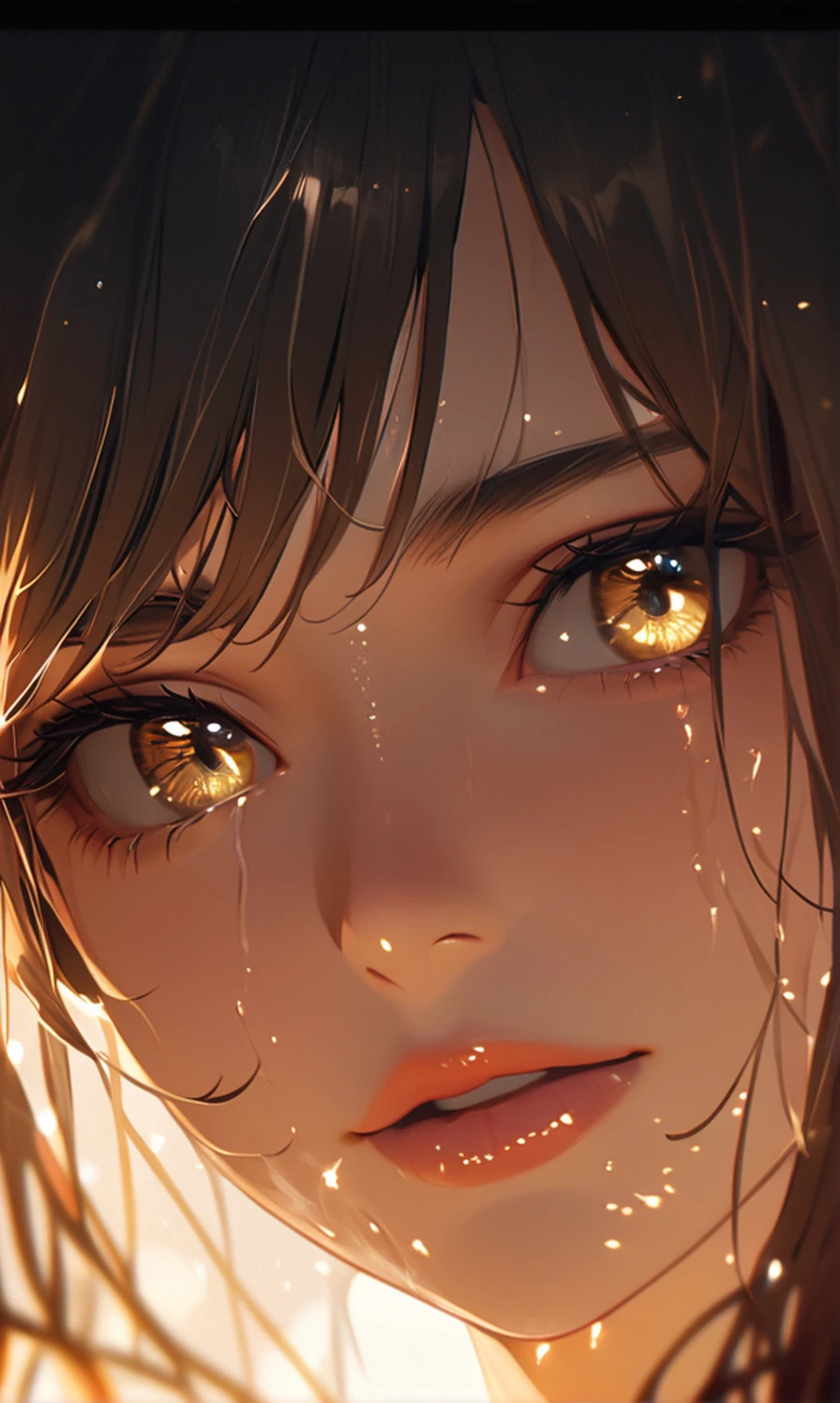 A movie film still of super very close-up portrait of a beautiful 18 year old woman with a mesmerizing and intense gaze, her face illuminated by warm, glowing light. She has glittering gold dust on her face, gold reflection in her eyes, and her lips are a deep, glossy red with shiny sparkles. The background is dark, with sparks and embers floating around her, creating a mystical and fiery atmosphere. Her expression is one of awe and wonder, with eyes reflecting the glowing light. Her hair is slightly messy, adding to the dramatic and ethereal feel of the scene. soaked film, 4k , 8k ,UHD, slightly sweaty skin,cinematic film , realistic , shallow depth of field, vignette, highly detailed, high budget, bokeh, cinemascope, moody, epic, gorgeous, film grain, grainy,
