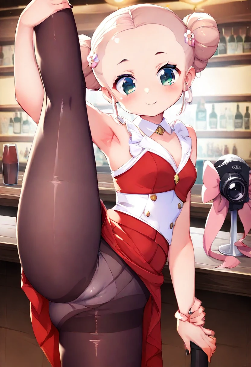 Photorealistic, just like image but real girl, sexy club girl with long dark wavy hair and bangs doing a standing split, leather fitted crop top, micro mini leather pleated skirt, 20 yrs old, black high gloss sheer pantyhose, shaved vagina hugged by seam of pantyhose (pantyhose cameltoe), cute bubble butt out to the side, (((pantyhose tights))), one leg is straight up hyper extended, holding leg up with one arm, hand grabbing ankle of leg that is up, girl face is beautiful and looking right at the camera, standing at a bar in a fancy NY nightclub