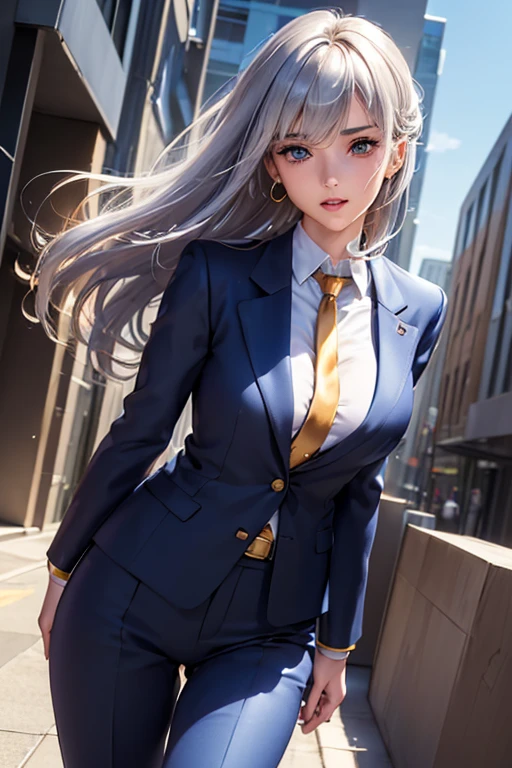 #Basics A girl is posing for a photo, animeのかわいい女の子, (((One Girl)), ((Baby Face)), ((Young girl)), (())),
BREAK
#Clothing Accessories
((Blue Business Suit : White dress shirt + Red tie + Blue suit vest + blue suit jacket + Gold border + Blue suit slacks), Black high heels),
Gold hoop earrings, Silver Necklace,
BREAK
#Features
((Silver Hair)), (Curly hair), (Long Hair : Long Hair + Fuller, more voluminous hair + Inwardly curled hair + Hair blowing in the wind),
(Very thin eyebrows:0.5),
(Droopy eyes, blue eyes), (Small breasts),
BREAK
#background environment
(noon、(Sunlit office district, Sidewalk, congestion, Building district)),
#Facial Expression Pose
((smile (A powerful and confident walking pose)),
#composition
((Face the camera, Angle from the front, Cowboy Shot:1.4)),
BREAK
#Body parts elements
(Detailed hair, Beautiful Hair, Shiny Hair),
(double eyelid, Long eyelashes),
(Expression of fine eyes, Beautiful and delicate eyes, Sparkling eyes, Eye Reflexes, Glitter Eyeliner),
(Human Ear),
(Beautiful Nose, Thin Nose),
(Glossy lips, Beautiful Lips, Thick lips, Glossy Lips, Natural Cheeks),
(Detailed face, Symmetrical facial features),
(Detailed skin, Textured skin, Beautiful Skin, Shiny skin),
BREAK
#Quality
(((Highest quality)), ((masterpiece)), ((Very detailed))), ((High resolution), (16K,1080P)),
(Realistic), (Anatomically correct),
((comics, anime)), (3DCG), CG illustration,