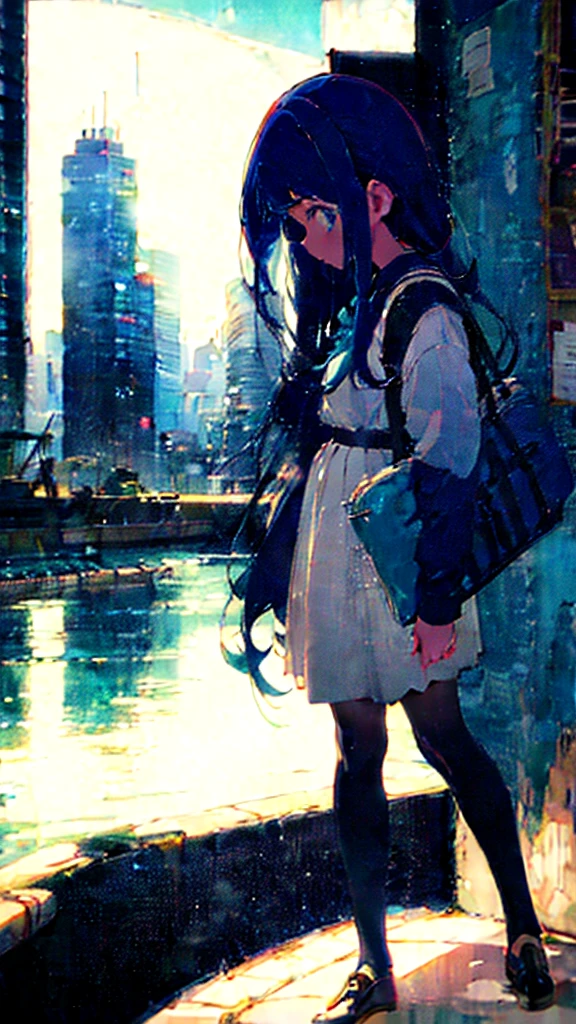 Blue-haired long hair,Design clothing,Seven-doppelganger shot,Anime style 4K,Anime girl with teal hair,High quality anime art style,Standing painting,Splash ink background,Blue Themes、Pure white background,Buildings,Face close-up,Buildings,Moon and sun、Long legs, whale flying in the sky,giant whale