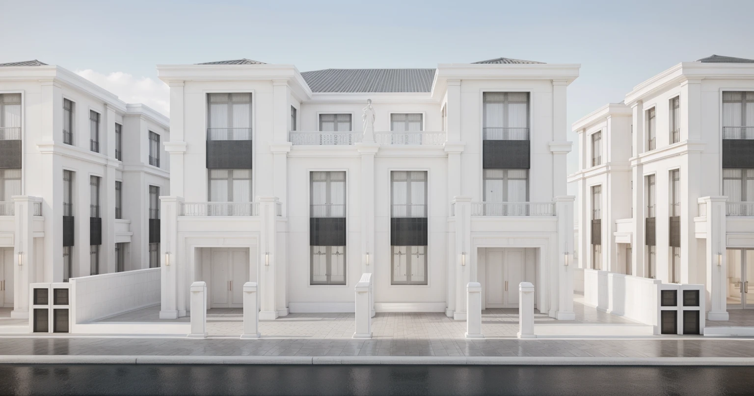 a rendering of a modern house with a grand main entrance, a 3D rendering inspired by Ricardo Bofill, winner of the cg company competition, Neoclassicism, neoclassical style, neoclassical style, modern neotraditional, neoclassical architecture, neoclassical, neoclassical, all white rendering, modern neotraditional minimalist, Neoclassicism style, exterior design