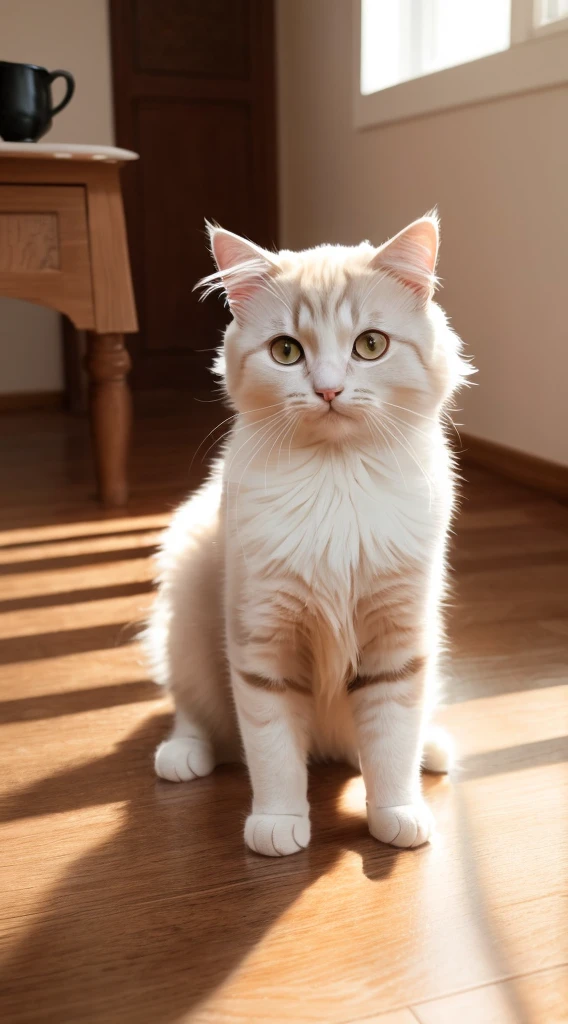 Cat, (Himalayan), (Small)))), Face, Front paws out, 8K, Professional photo, Delicate, Clear, On the table, Inside the house, Sunshine, Light Leak, Masterpiece, ((Pretty))), Fashionable Teacup, (Reality), Plush Toy, Round Pupils