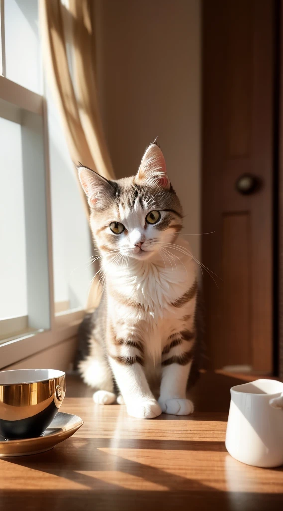 Cat, (Himalayan), (Small)))), Face, Front paws out, 8K, Professional photo, Delicate, Clear, On the table, Inside the house, Sunshine, Light Leak, Masterpiece, ((Pretty))), Fashionable Teacup, (Reality), Plush Toy, Round Pupils
