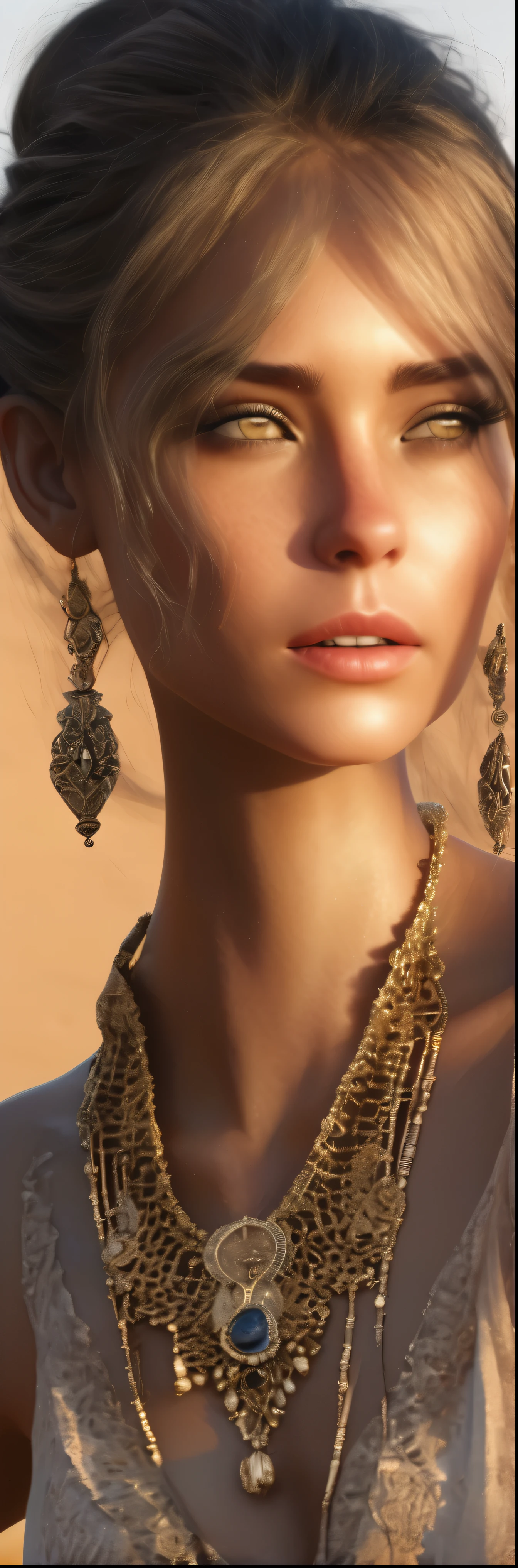 a desert princess, 1girl, beautiful detailed eyes, beautiful detailed lips, extremely detailed face and skin, long flowing hair, elegant desert robes, ornate jewelry, serene expression, cinematic lighting, dramatic desert landscape, golden hour lighting, photorealistic, 8k, high quality, intricate details, hyper realistic