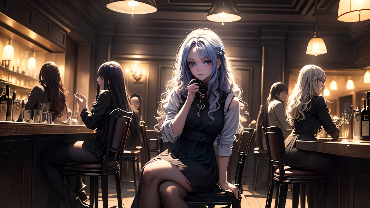 ((best quality)), ((masterpiece)), (detailed), une fille, visage parfait, Longhaire, ((golden hair)), curly hair, decorated cheveux, ultramarine blue eyes, detail face clear(

chill bar scene with dim lighting with rows of chairs near the area where the bartender is standing, a calm girl with blue eyes, long black hair, wear a dress long black,sitting on a chair, one hand on the table and the other Holding a medium glass of red wine, she looked at the wine glass, with the remaining 4 people sitting on chairs at a distance, each person sitting in one direction near bartender counter not too close to the girl, and the photo was a long distance, a dark area with a light light, nostalgic.


)
