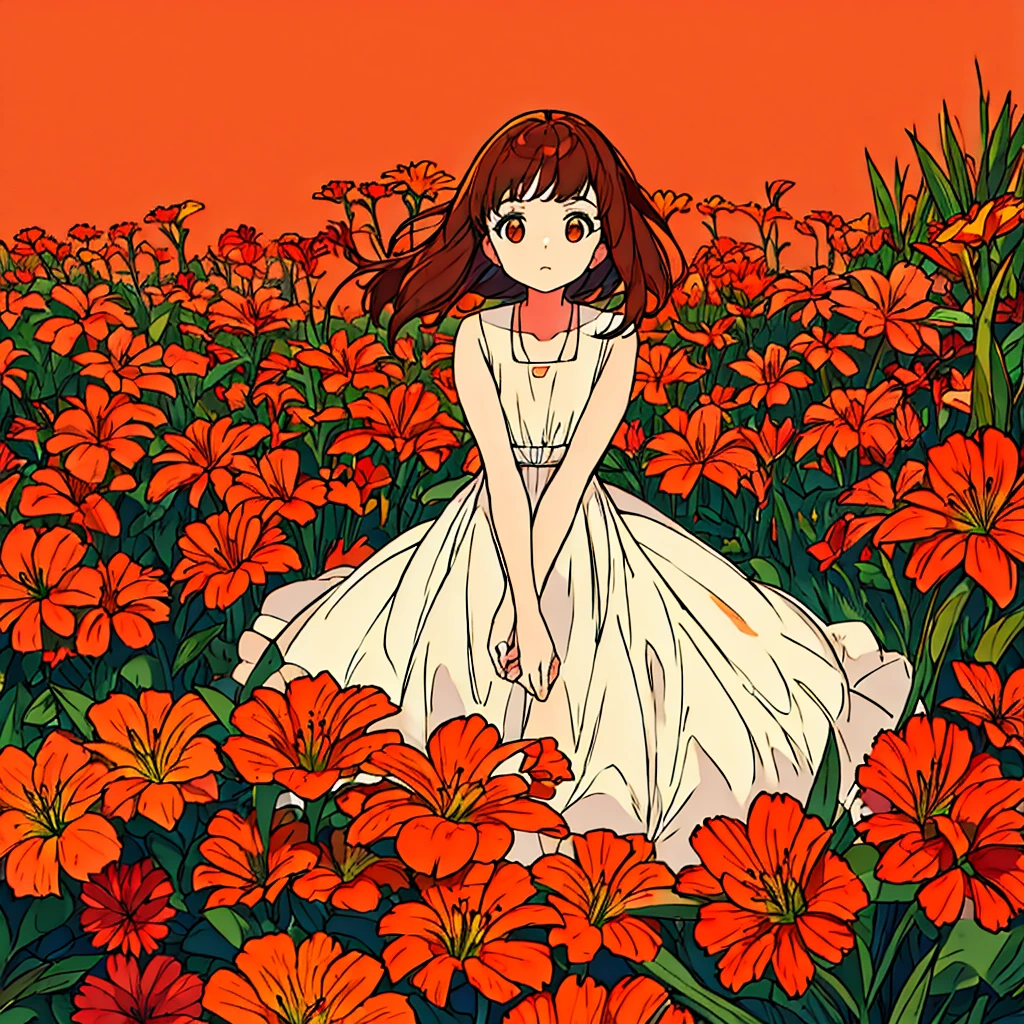 Orange plain background, lily flower, woman in white dress, brown hair, summer, nostalgic, simple