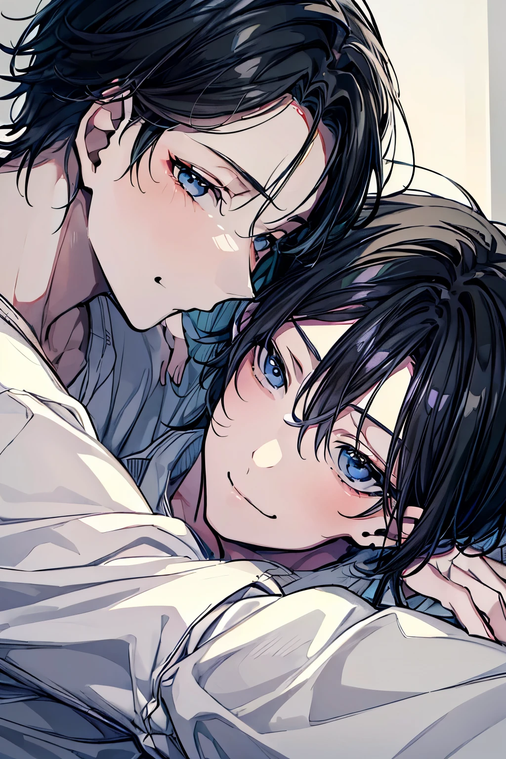 (Mastepiece), (Best Quality), Very detailed, ((Two men intimate)), Perfect Face, Beautiful Face, Very detailed顔,(One black-haired man:1.3),(One white-haired man:1.3),shirt、smile