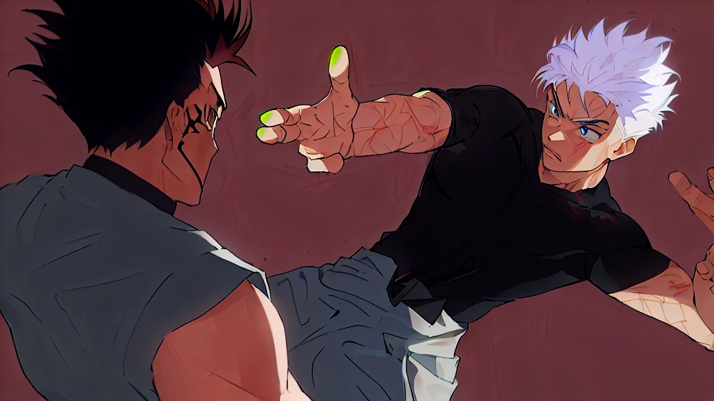 anime character with white hair and blue eyes pointing at another character, close-up fight, baki style, fight pose, heavy gesture style closeup, hajime no ippo manga inspired, fighting pose, by Shingei, anime fight, badass pose, fighting stance, kentaro miura manga art style, high quality fanart, aggressive pose, fistfighting
