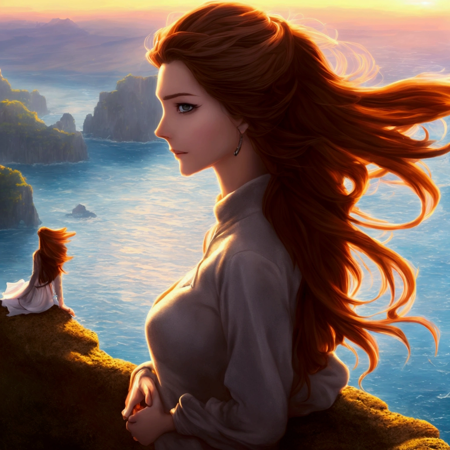 A young woman, full height, long brown hair stands on the edge of a cliff, the ocean below, colored by the dawn rays, a beautiful dawn, a girl smiles, she spreads her arms, she is wearing jeans, a long-sleeved sweatshirt, sleeves are flowing back in the wind, hair is developing back, the beginning of a new life, Disney style, masterpiece, Best quality, official art, 8k wallpaper, Very detailed