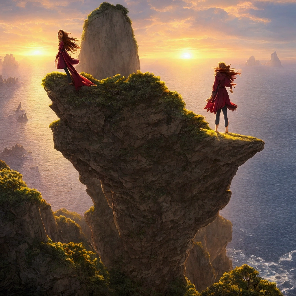 A young woman, full height, long brown hair stands on the edge of a cliff, the ocean below, colored by the dawn rays, a beautiful dawn, a girl smiles, she spreads her arms, she is wearing jeans, a long-sleeved sweatshirt, sleeves are flowing back in the wind, hair is developing back, the beginning of a new life, Disney style, masterpiece, Best quality, official art, 8k wallpaper, Very detailed
