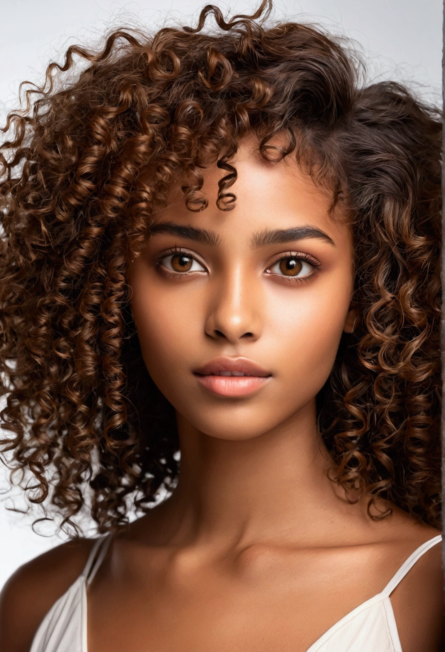 curly hair natural dark skin girl with honey brown eyes with pretty face model 