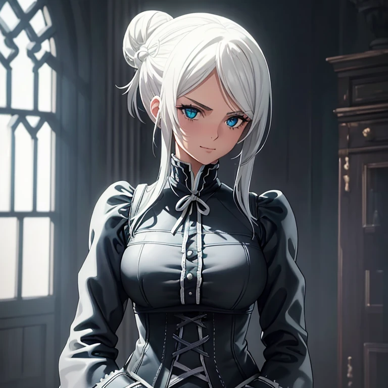 ((best quality)), ((Ultra precision)), solo, 1 girl, hair tied up in a bun, white hair, long side locks, cold beauty, Victorian gothic, leather horse riding boots, snow, gothic background (Ultra precision), soft smile (ultra detailed face), cinematic lighting, perfect anatomy, perfect hands, full body towards viewer, dynamic angle, wide shot,