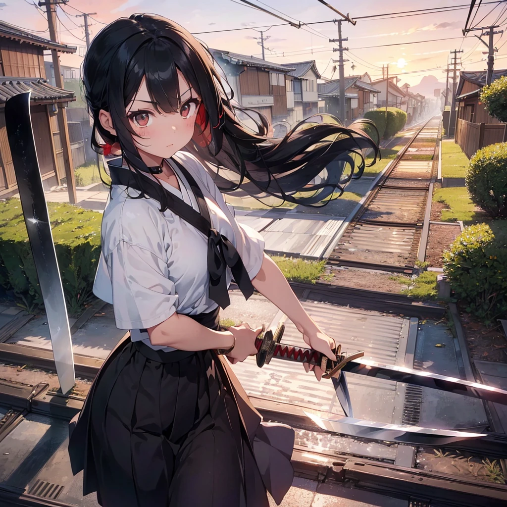 (Highest quality, 32k, High resolution, Masterpiece:1.5, ), god々A girl with a dazzling beauty and the power to exorcise demons., Put your inner strength into the sword and exorcise the darkness., Expressing emotions, Have a rich imagination, Beautiful Japanese Girls, Perfect Human Anatomy, Magical big eyes, Motherhood and generosity, Deep Love, Fleeting Expression, Shiny black hair, Ponytail swaying in the wind, Asymmetrical bangs, Hair between the eyes, Transparent, soft white skin, Sharp eyebrows, Thin lashes, Natural Makeup, Cheek highlighter, Detailed and cute lips, ((Traditional Japanese street burns down:1.2)), ((Swordsman with a Japanese sword:1.4)), ((Red sky and flame background:1.1)), Slim figure with ample breasts, Beautifully detailed skies, ((Standing on the tracks that stretch to the horizon:1.2)), god秘的