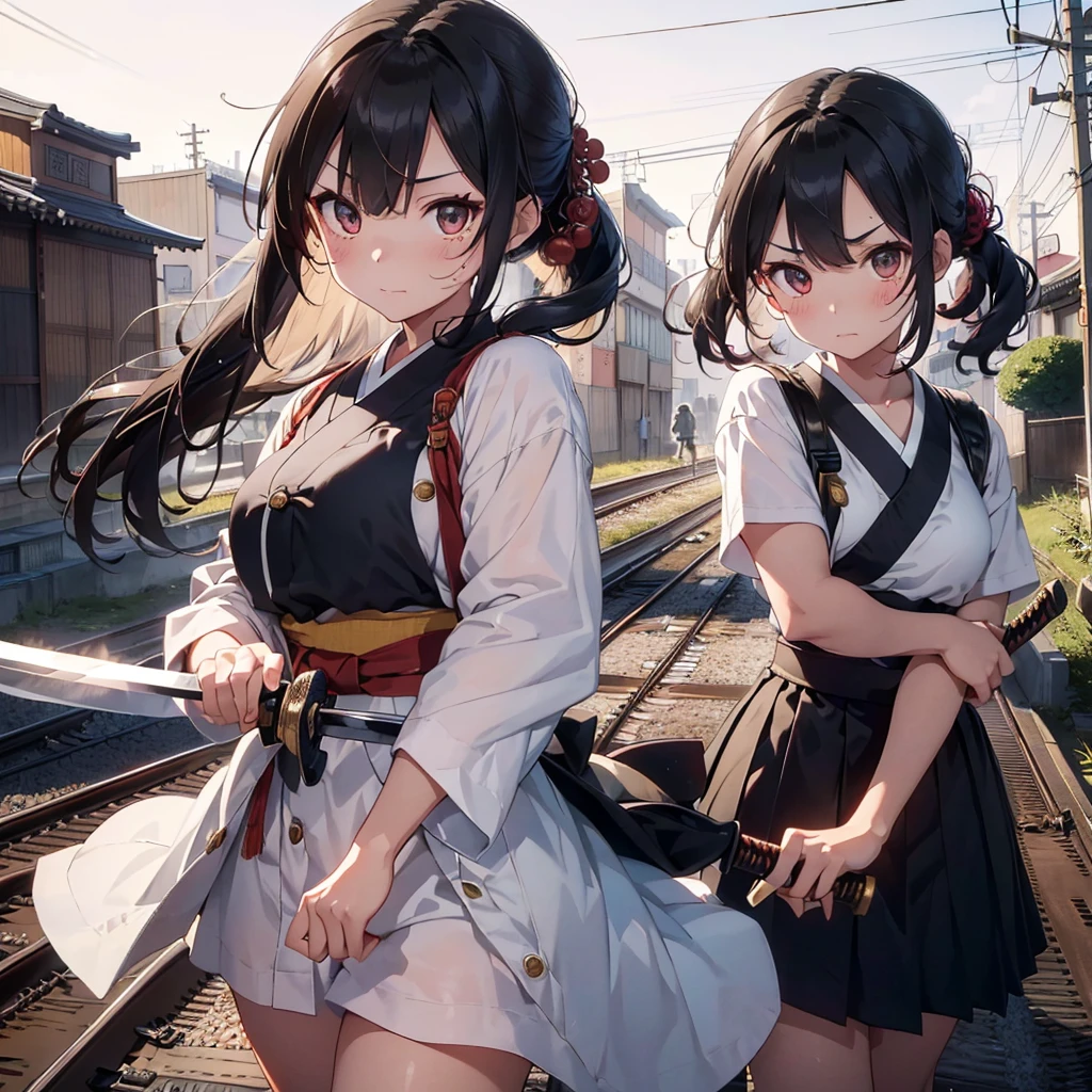 (Highest quality, 32k, High resolution, Masterpiece:1.5, ), god々A girl with a dazzling beauty and the power to exorcise demons., Put your inner strength into the sword and exorcise the darkness., Expressing emotions, Have a rich imagination, Beautiful Japanese Girls, Perfect Human Anatomy, Magical big eyes, Motherhood and generosity, Deep Love, Fleeting Expression, Shiny black hair, Ponytail swaying in the wind, Asymmetrical bangs, Hair between the eyes, Transparent, soft white skin, Sharp eyebrows, Thin lashes, Natural Makeup, Cheek highlighter, Detailed and cute lips, ((Traditional Japanese street burns down:1.2)), ((Swordsman with a Japanese sword:1.4)), ((Red sky and flame background:1.1)), Slim figure with ample breasts, Beautifully detailed skies, ((Standing on the tracks that stretch to the horizon:1.2)), god秘的