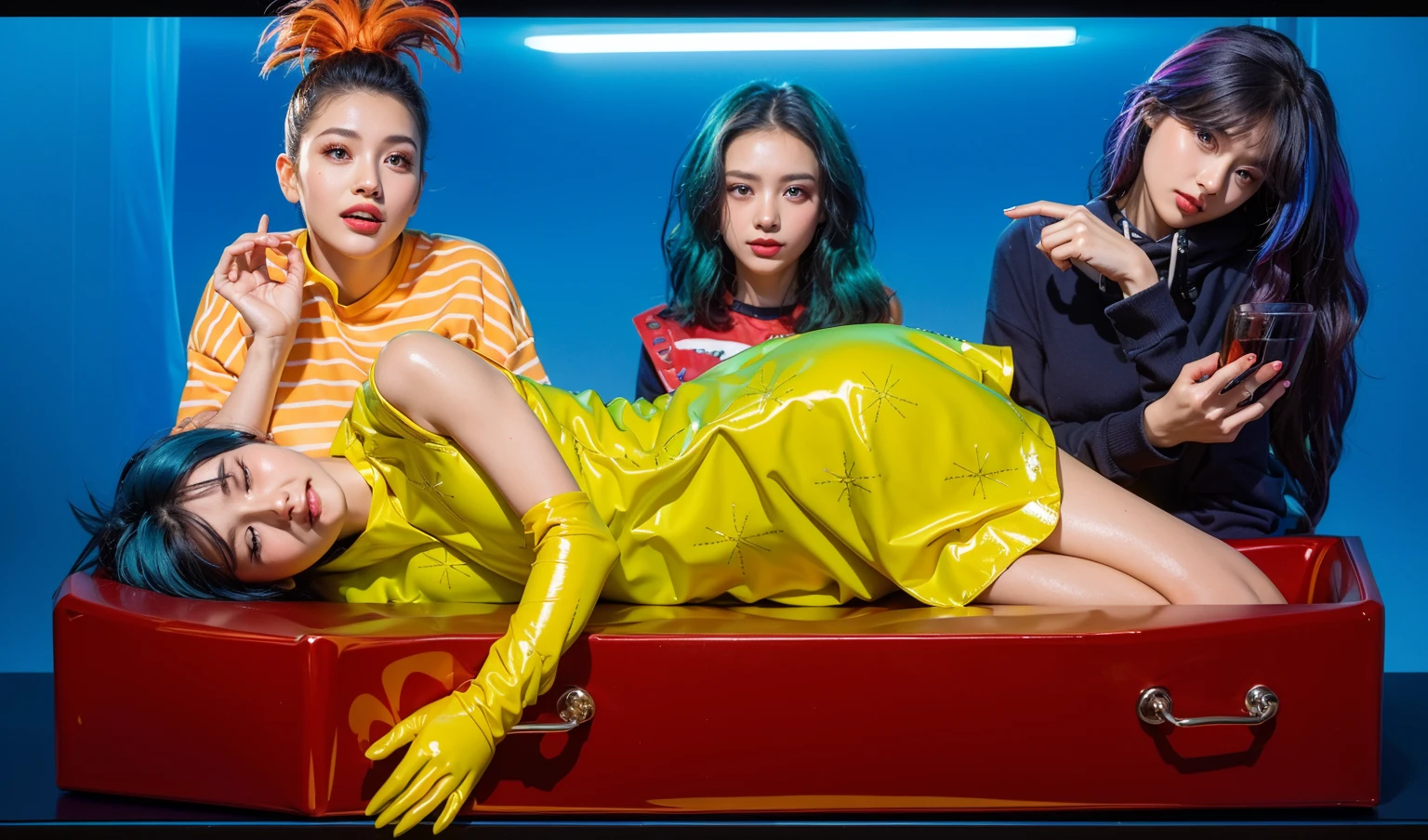 This image depicts a woman with vibrant blue hair, lying comfortably in an elongated, dark purple box. She is dressed in a bright neon green dress and yellow gloves, adding a striking contrast against the purple and blue background. Her peaceful expression and relaxed pose suggest a dreamlike or surreal scene, despite the unconventional setting of being in a box. The overall visual effect is bold and colorful, emphasizing the playful and artistic elements of the composition. effectively conveying a sense of joy and creativity.ffects render, (glossy plastic texture with multiple big light probe refractions), perfect cgi, smooth silhouette, high intensity refraction, (super glossy plastic material), most beautiful vfx, , realistic, 4k, high resolution, rim light, smooth 3d model, multiple light sources, rim light, sharp post effects render,, realistic, 4k, high resolution, rim light detailed digital art, reflective, best quality, 4k, masterpiece:1.2, ultra-detailed, realistic, vivid colors, The image of the highest quality, ensuring every detail showcased perfectly. It in 4k resolution, allowing viewers to immerse themselves in the richness of the colors and intricate details. The realistic rendering. under the spotlight, reflecting, high-resolution image, realistic rendering