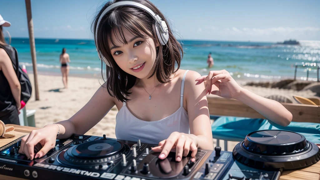 (ultra - detailed, 16K resolution, Cinema lenses, rendering by octane), (high resolution:1.18), intricate detail, (masterpiece:1.1), (highest quality:1.1), (1girl, portrait, white hair, blue eyes, short hair, detailed eyes),Wearing silver DJ headphones, sequined T-shirt, (in the beach:1.5), (Iconic hip-hop pop costumes:1.3), Smile while DJing on stage, DJ studio next to the beach, ((A stylish DJ stage on a hill overlooking the beach)), full body shot, Photorealistic photography by Sunshine, (cute round face:1.3), perfect fingers, five fingers, beautiful hands, perfect hands. master peace, cute smile, Fixhand.