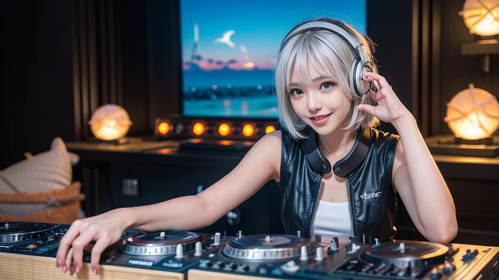 (ultra - detailed, 16K resolution, Cinema lenses, rendering by octane), (high resolution:1.18), intricate detail, (masterpiece:1.1), (highest quality:1.1), (1girl, portrait, white hair, blue eyes, short hair, detailed eyes),Wearing silver DJ headphones, sequined T-shirt, (in the beach:1.5), (Iconic hip-hop pop costumes:1.3), Smile while DJing on stage, DJ studio next to the beach, ((A stylish DJ stage on a hill overlooking the beach)), full body shot, Photorealistic photography by Sunshine, (cute round face:1.3), perfect fingers, five fingers, beautiful hands, perfect hands. master peace, cute smile, Fixhand.
