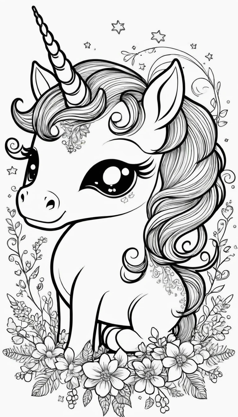 /imagine prompt: sweet and cute unicorn cartoon, black and white linework, coloring book style, whimsical mane and tail, adorable expression, magical horn, simple background for easy coloring, playful pose, thin clean outlines, child-friendly design, enchanting details --ar 16:9 --v 6.0