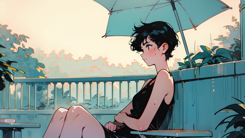 Terrace seats、break、Wet day、Tank top、Short-haired woman、Insect sounds