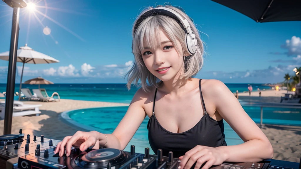 (ultra - detailed, 16K resolution, Cinema lenses, rendering by octane), (high resolution:1.18), intricate detail, (masterpiece:1.1), (highest quality:1.1), (1girl, portrait, white hair, blue eyes, short hair, detailed eyes),Wearing silver DJ headphones, sequined T-shirt, (in the beach:1.5), (Iconic hip-hop pop costumes:1.3), Smile while DJing on stage, DJ studio next to the beach, ((A stylish DJ stage on a hill overlooking the beach)), full body shot, Photorealistic photography by Sunshine, (cute round face:1.3), perfect fingers, five fingers, beautiful hands, perfect hands. master peace, cute smile, Fixhand.