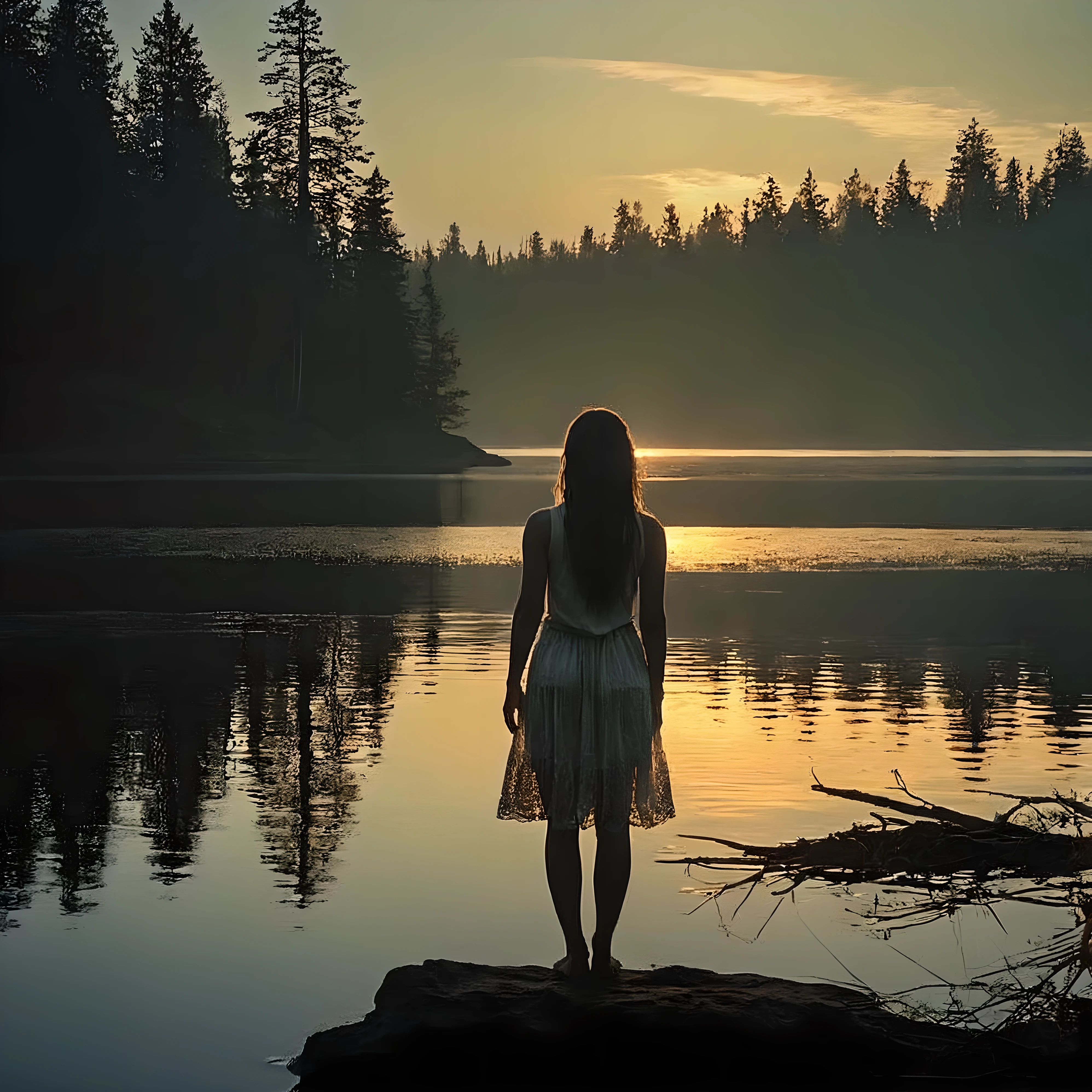 there is a woman standing on a rock looking out at the water, standing in a lake, beautiful girl on the horizon, setting in nature, girl watching sunset, beautiful girl, perfect composition artem demura, near a lake, beautiful and mysterious, standing next to water, by Kurt Roesch, summer morning light, solitude, at sunrise