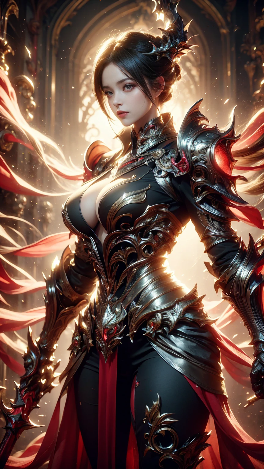 (( (tmasterpiece),(Very detailed CG Unity 8K wallpaper),best qualtiy,cinmatic lighting,细致背景,beatiful detailed eyes,Bright pupils,(Very fine and beautiful),(Beautiful and detailed eyes description),ultra - detailed,tmasterpiece,hight resolution)), Curly, Richly decorated armor, a beautiful woman warrior, (Shorthair:1.3), red hairs, cleavage of the breast