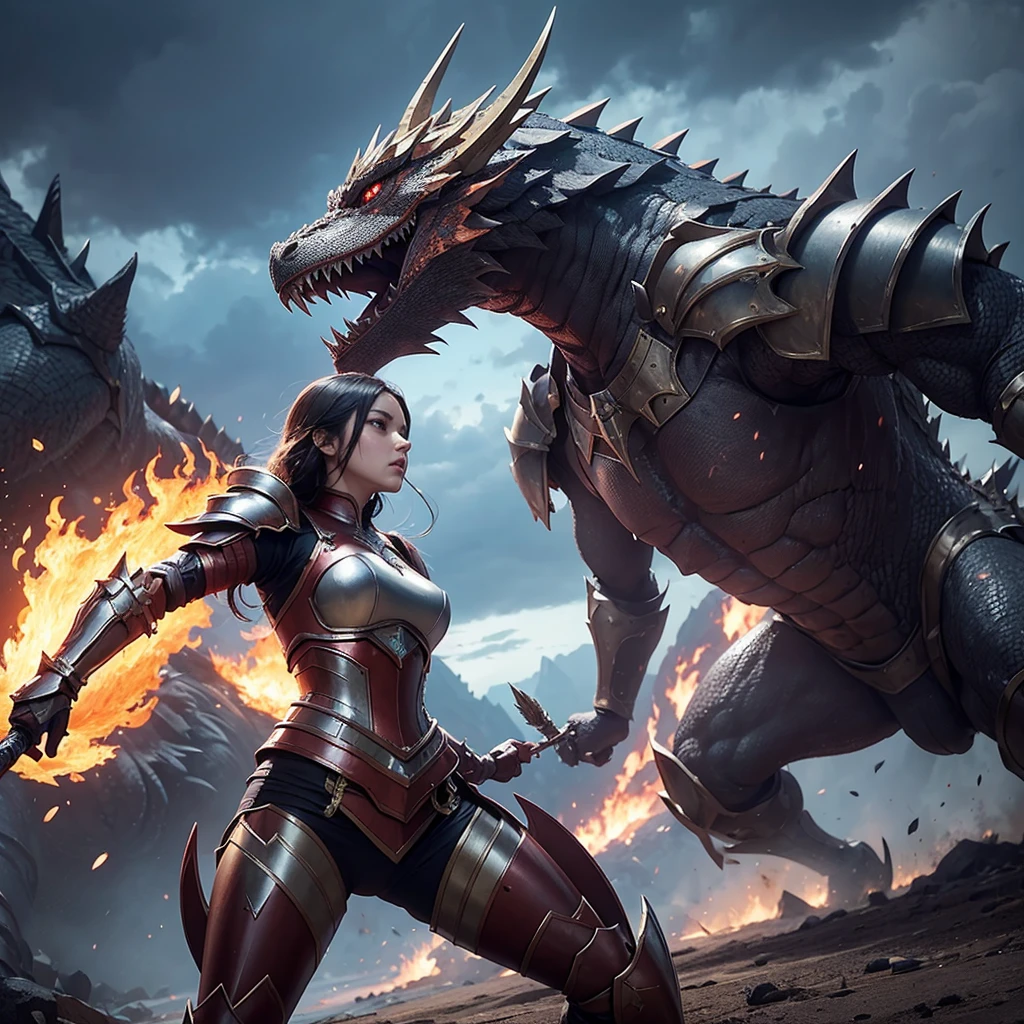 Seen from a distance, a beautiful girl with full armor and sword and shield, facing and fighting a monstrous dragon, fire breath, epic details, human against huge titan