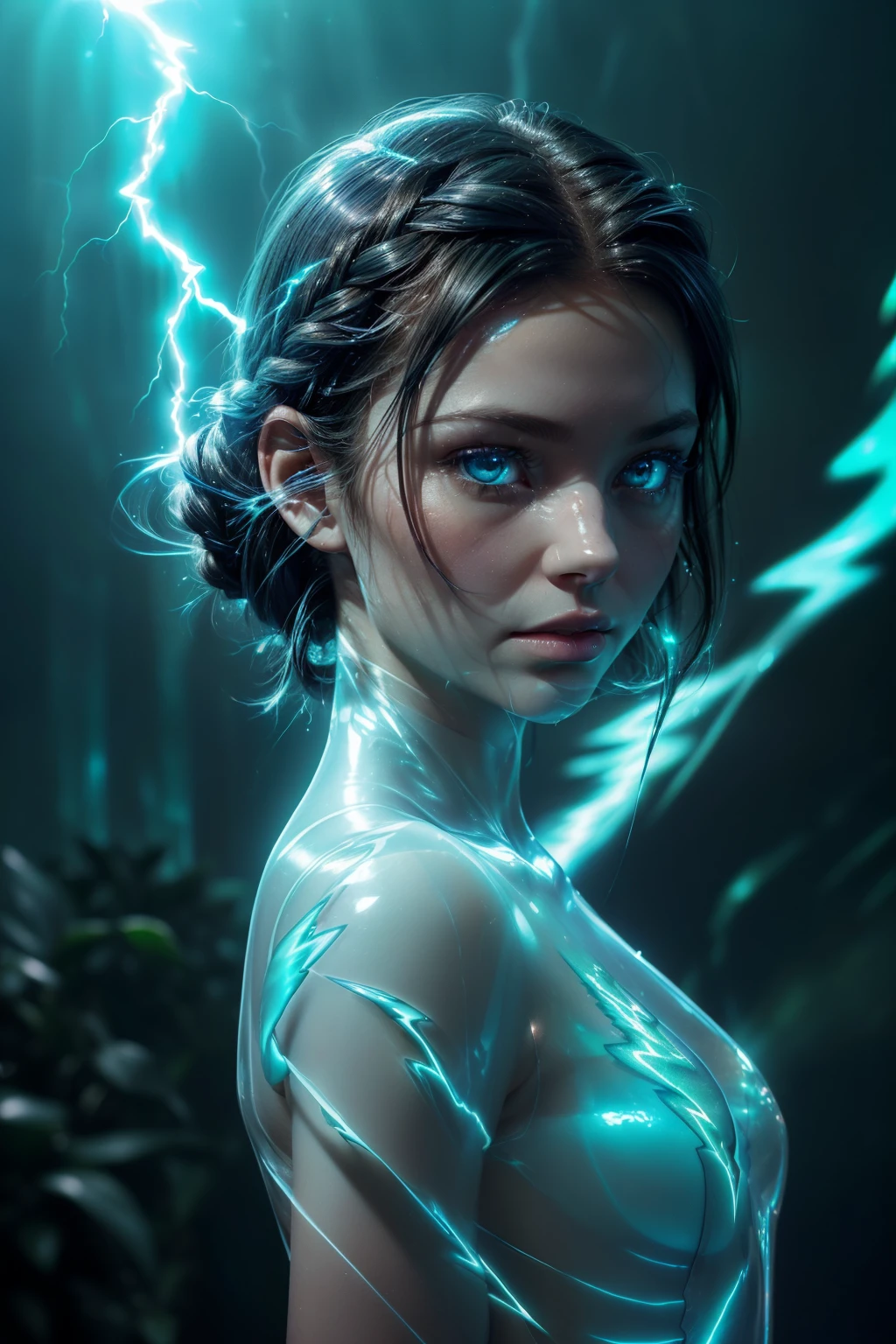 (((the blue energy human body, front facing, full body, 1girl, 18 year old, caucasian, green eyes, perfect eyes, perfect iris, perfect pupils, perfect lips,perfect nose, perfect hands, very detailed hands, perfect fingers, black hair, short hair, straight hair, small braid in her hair, nature, subsurface scattering, transparent, translucent skin, glow, bloom, Bioluminescent liquid,3d style, warm color, vibrant, volumetric light, inside lightning, lightning and thunderbolts all around,)))