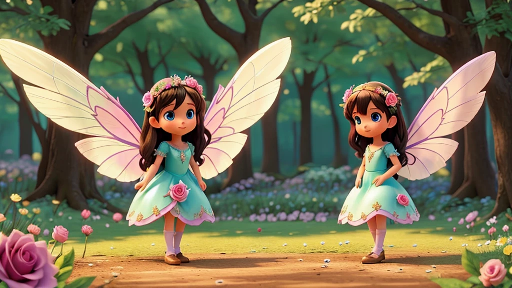 Create a beautiful fairy with shiny wings and a beautiful rose dress in a forest of flowers and make her fly over and find a sad family of rabbits on the ground