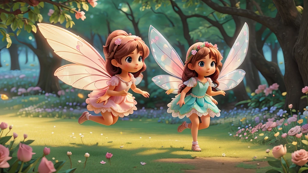 Create a beautiful fairy with shiny wings and a beautiful rose dress in a forest of flowers and make her fly over and find a sad family of rabbits on the ground 