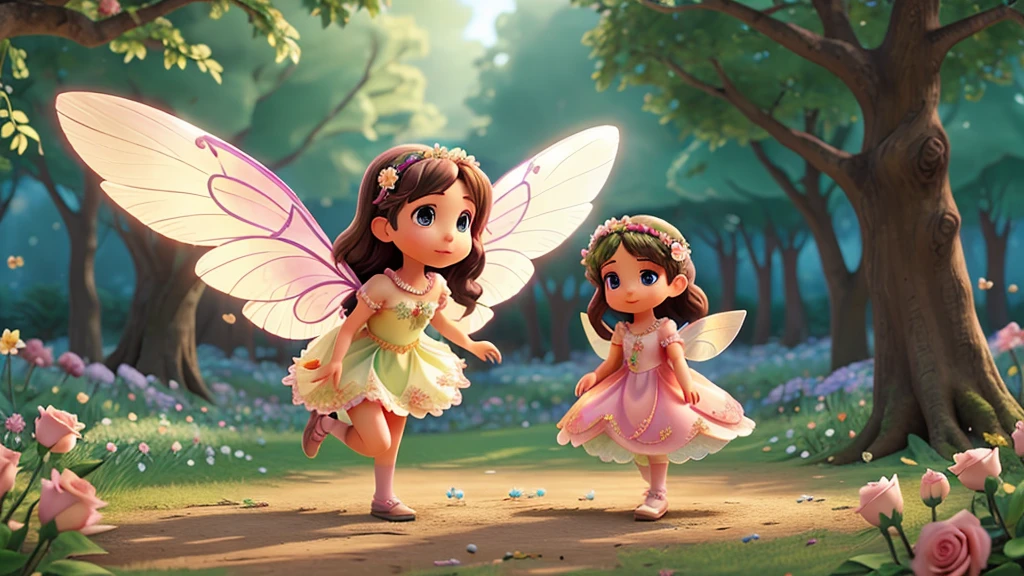 Create a beautiful fairy with shiny wings and a beautiful rose dress in a forest of flowers and make her fly over and find a sad family of rabbits on the ground