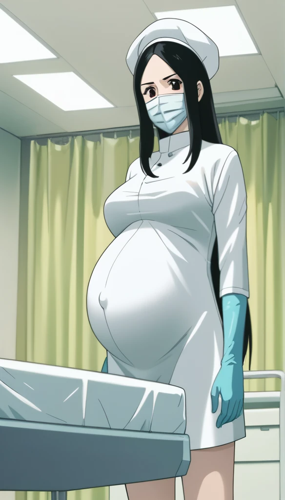 score_9, score_8_up, score_7_up, source_anime, raw image, masterpiece, highest quality, kasuganoray, pale skin, shy face, cunning eyes, long black hair, big breasts, scrubs, surgical mask, bouffant cap, long sleeve maternity dress, put on another long sleeved coat, seamless, navel head, the dress isn't wrinkled, long white stockings,
1girl, pregnant, solo, long rubber gloves, looking down, look at viewer, furrowed brow, hospital bed, light shines from the ceiling, standing, patient room background, she is inquiring about the patient's condition