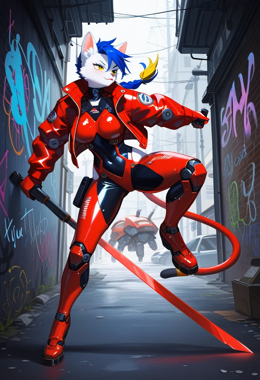 animation, Highest quality, Highest quality, High quality illustrations, masterpiece, Ultra-high resolution, Detailed Background, Alley, night, Graffiti art on the wall, Absurd, Perfect Anatomy, performance, Good lighting, Shadows in the movies(kemono, Furry PersonifiCation), Cat, woman, White Skin, Red Rubber Suit, latex, neon, neonライト, neonカラー, Bodysuits, Cyber Suit, Mech Suit, Rubber Half Jacket, cyber punk, Blade Runner, He has a gun in his right hand, Holding a blade in his left hand, Gunfight
