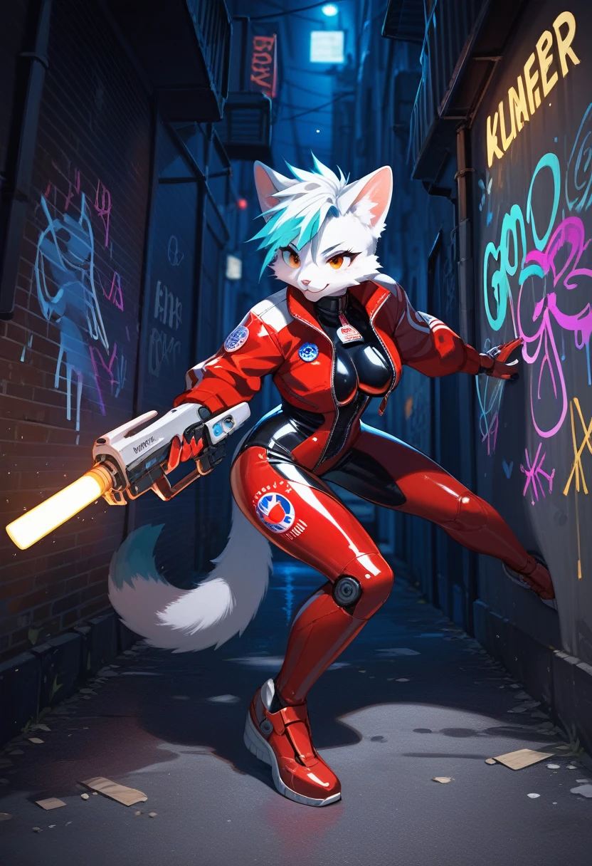 animation, Highest quality, Highest quality, High quality illustrations, masterpiece, Ultra-high resolution, Detailed Background, Alley, night, Graffiti art on the wall, Absurd, Perfect Anatomy, performance, Good lighting, Shadows in the movies(kemono, Furry PersonifiCation), Cat, woman, White Skin, Red Rubber Suit, latex, neon, neonライト, neonカラー, Bodysuits, Cyber Suit, Mech Suit, Rubber Half Jacket, cyber punk, Blade Runner, He has a gun in his right hand, Holding a blade in his left hand, Gunfight