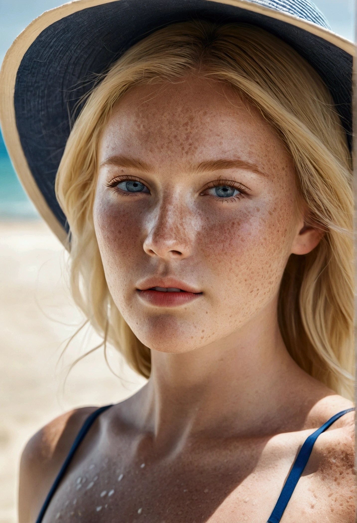 summer6, portrait d'a beautiful blonde, detailed skin texture, light freckles, beach, 比基尼, vue de face corps