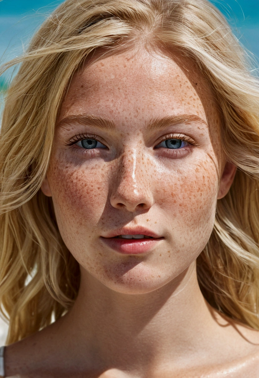 summer6, portrait d'a beautiful blonde, detailed skin texture, light freckles, beach, 比基尼, vue de face corps