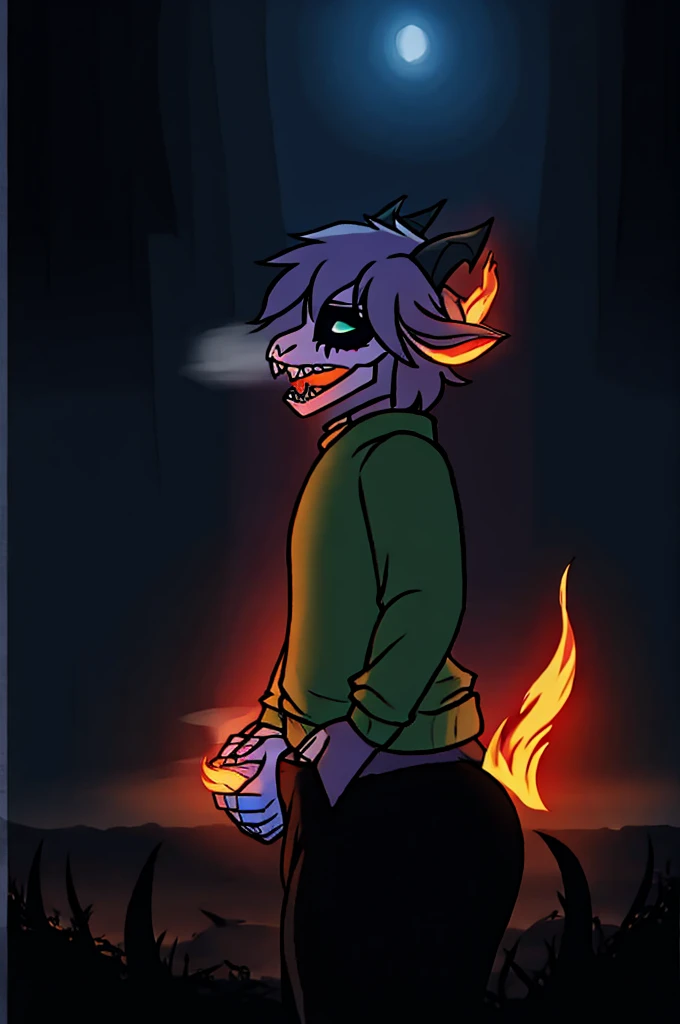 a humanoid goat skeleton, breathing fire from its mouth, its hair covered in ashes, wearing a burned green sweater and black pants, highly detailed, 4k, dark fantasy, dramatic lighting, cinematic composition, moody atmosphere, vivid colors, intricate details,horror