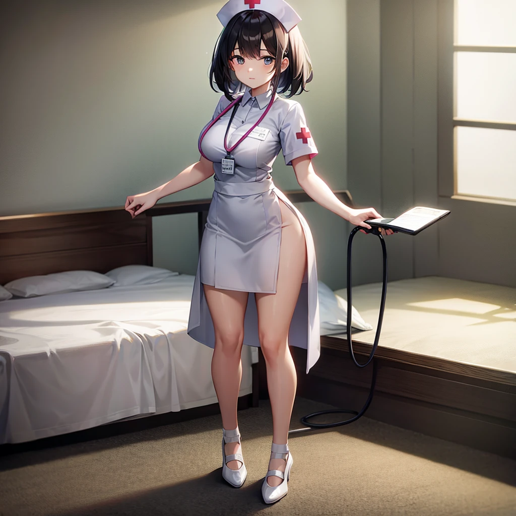 ((nurse)),((White shoes)),Top quality,(Dark Room), Subtle light, Natural light,Soft lighting,Light from directly behind,(Are standing),Front view,Black background