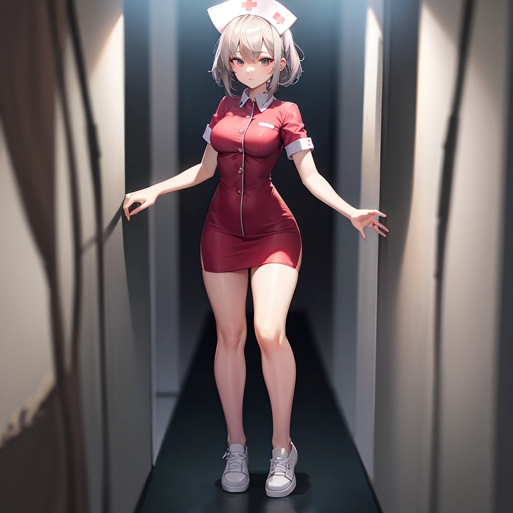 ((nurse)),((White shoes)),Top quality,(Dark Room), Subtle light, Natural light,Soft lighting,Light from directly behind,(Are standing),Front view,Black background