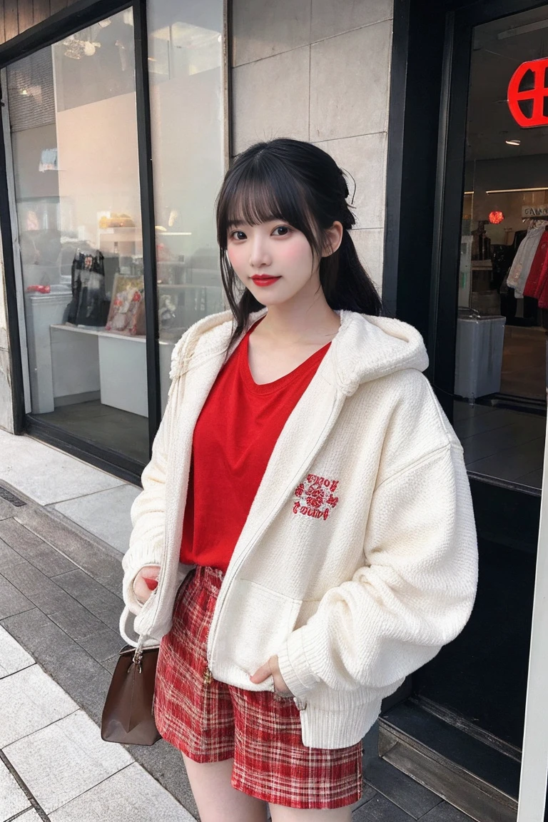 A raw photo of a 21 year old Japanese girl in a casual clothing standing by a store, perfect face, perfect detail, perfect detail eyes, perfect body, pale skin, red lips, high quality, intricate details