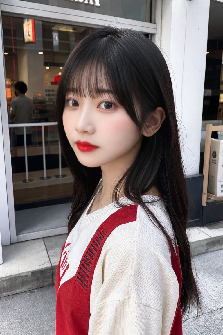 A raw photo of a 21 year old Japanese girl in a casual clothing standing by a store, perfect face, perfect detail, perfect detail eyes, perfect body, pale skin, red lips, high quality, intricate details