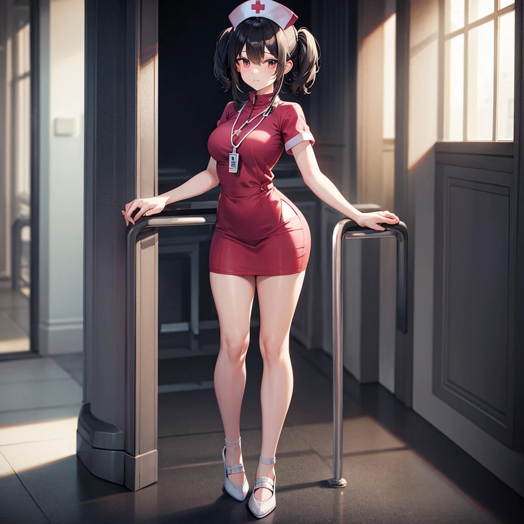 ((nurse)),((White shoes)),Top quality,(Dark Room), Subtle light, Natural light,Soft lighting,Light from directly behind,(Are standing),Front view,Black background
