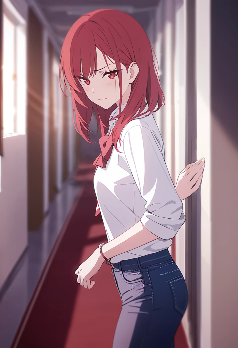 masterpiece,best quality,depth of field,8k,red hair,Red eyes,wseifuku,white shirt,chic,(charismatic eyes 1:1),jeans,female,frowning,alone,corridor,