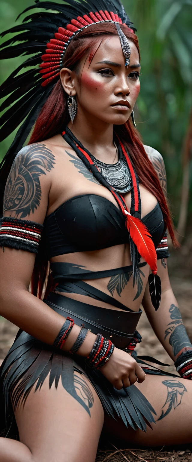 8k 3d uhd hyper-detailed ultra realistic representation colors brown tones black and gray tones, a young warrior in traditional Amazon clothing, black tattoos all over her body, long red hair decorated with ribbons and feathers, she sits on the ground with her head bowed, she has a spear with a pointed tip in her hand, background thousand of , big breast