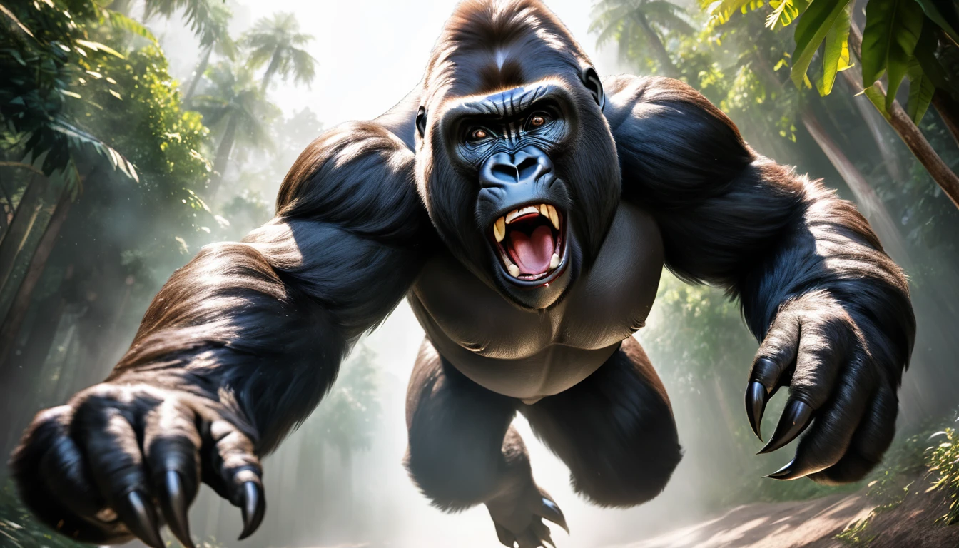 Realistic photos, RAW Photos, gorilla, attacks viewer, Powerful movements, jump on prey, ((Dynamic jump)), Sharp Claws, gorilla approaching from above, sudden approach, Bad-tempered, dynamic Shot from grand