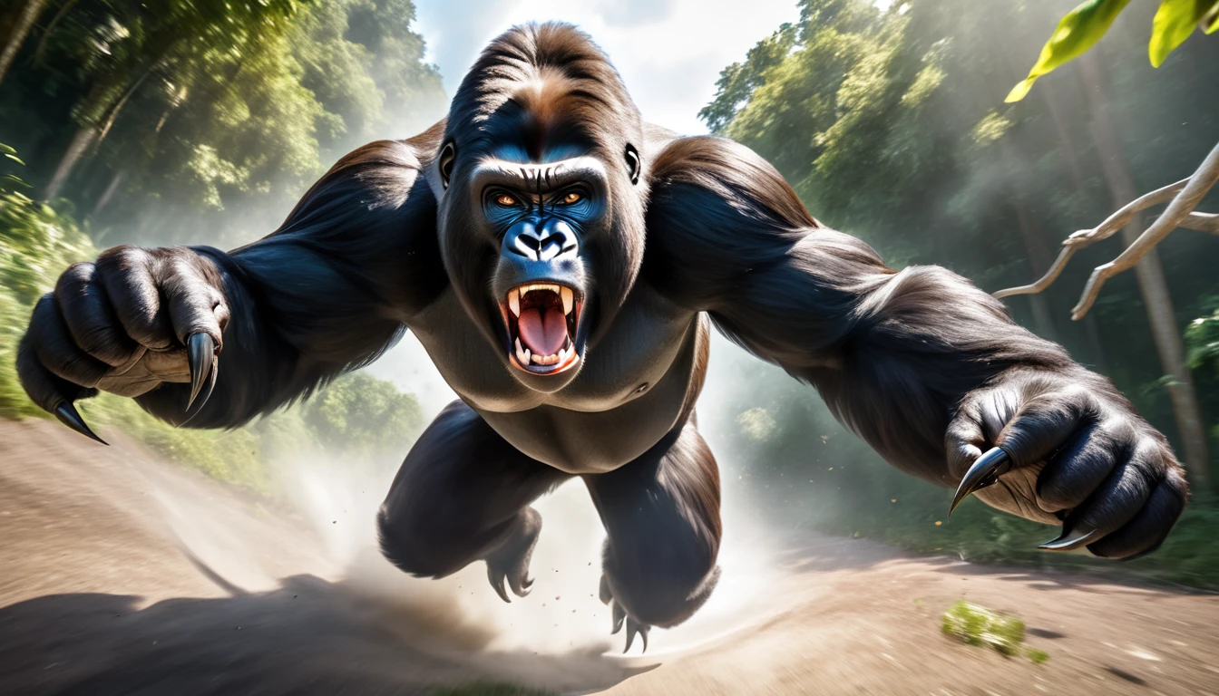 Realistic photos, RAW Photos, gorilla, attacks viewer, Powerful movements, jump on prey, ((Dynamic jump)), Sharp Claws, gorilla approaching from above, sudden approach, Bad-tempered, dynamic Shot from grand