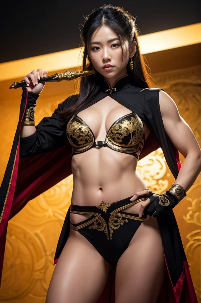 In this breathtaking, maximalist 8K artwork by ArtGerm, a stunning female assassin dons a traditional Chinese dress, her toned legs and muscular physique a testament to her deadly prowess. Framed in a dramatic, golden-lit environment, she poses confidently, her gaze piercing like a razor-sharp dagger. The vibrant colors and intricate details of her attire pop against the dark background, making for an unforgettable visual experience.