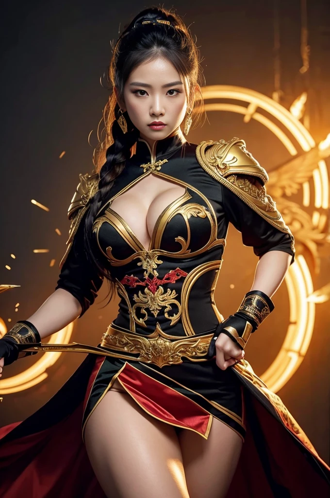 In this breathtaking, maximalist 8K artwork by ArtGerm, a stunning female assassin dons a traditional Chinese dress, her toned legs and muscular physique a testament to her deadly prowess. Framed in a dramatic, golden-lit environment, she poses confidently, her gaze piercing like a razor-sharp dagger. The vibrant colors and intricate details of her attire pop against the dark background, making for an unforgettable visual experience.