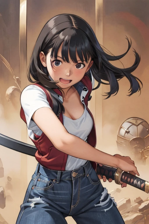 masterpiece, Highest quality, Adult women,Very detailed,Black eyes,European facial structure,,Natural Beauty,Cinematic,Breasts are moderately sized 10.0,An expression of joy,Open Mouth Smile,T-shirt and denim pants,Cleavage,Samurai Sword Drawing Technique 1000.0,A samurai unsheathing his sword 1000.0,The length of the sheath is 1.5 m,Powerful and powerful pose 5.0,Extremely fine and intricate detail,Skilled Technology,Low posture,
