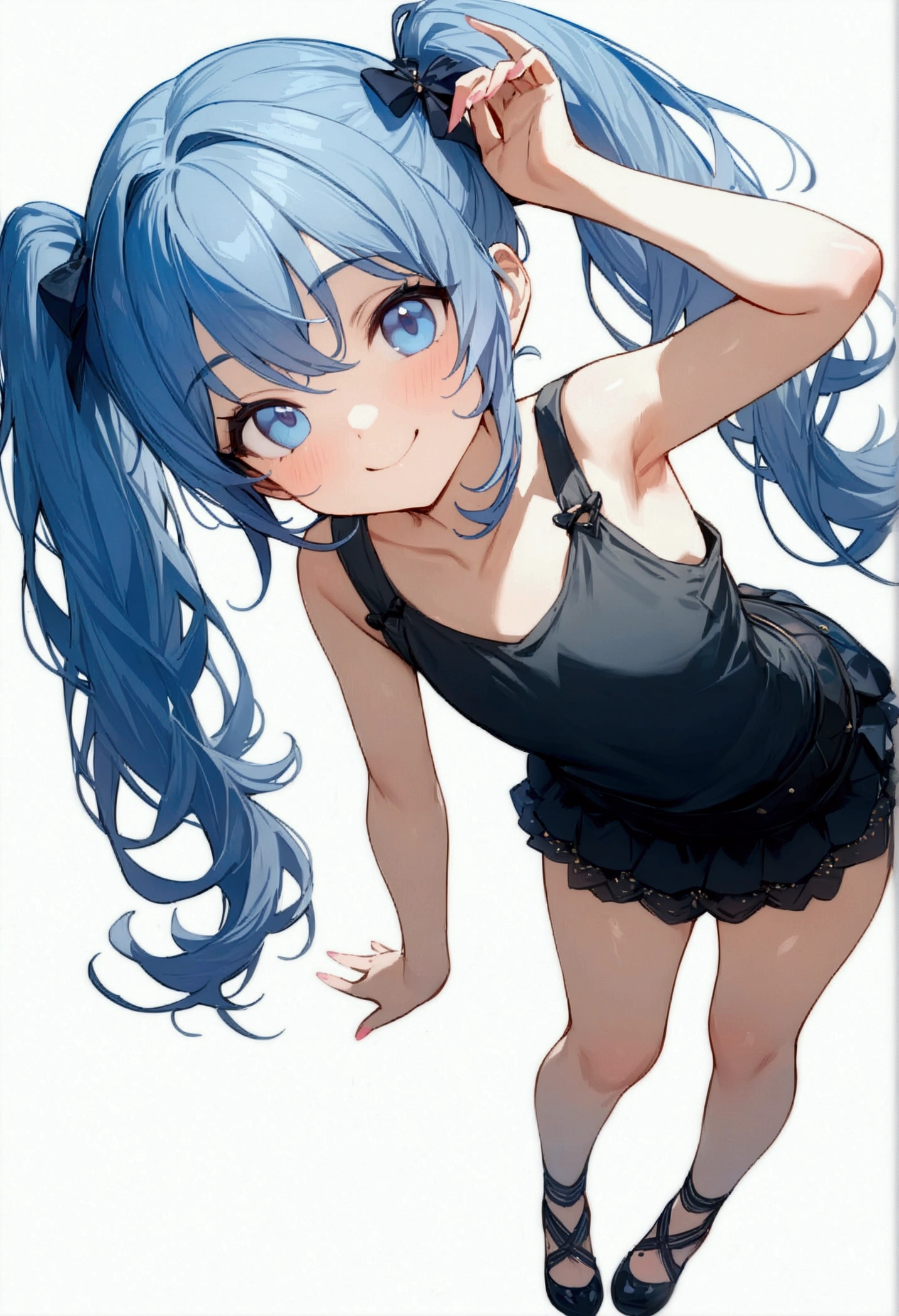 full body, (female): 1girl, (solo), (perfect face), (detailed outfit), (), beautiful female, smile (happy), blue hair, long hair, twintails hair, blue eyes, (tank top,), (white background), (masterpiece:1.4), (best quality), (ultra-detailed)